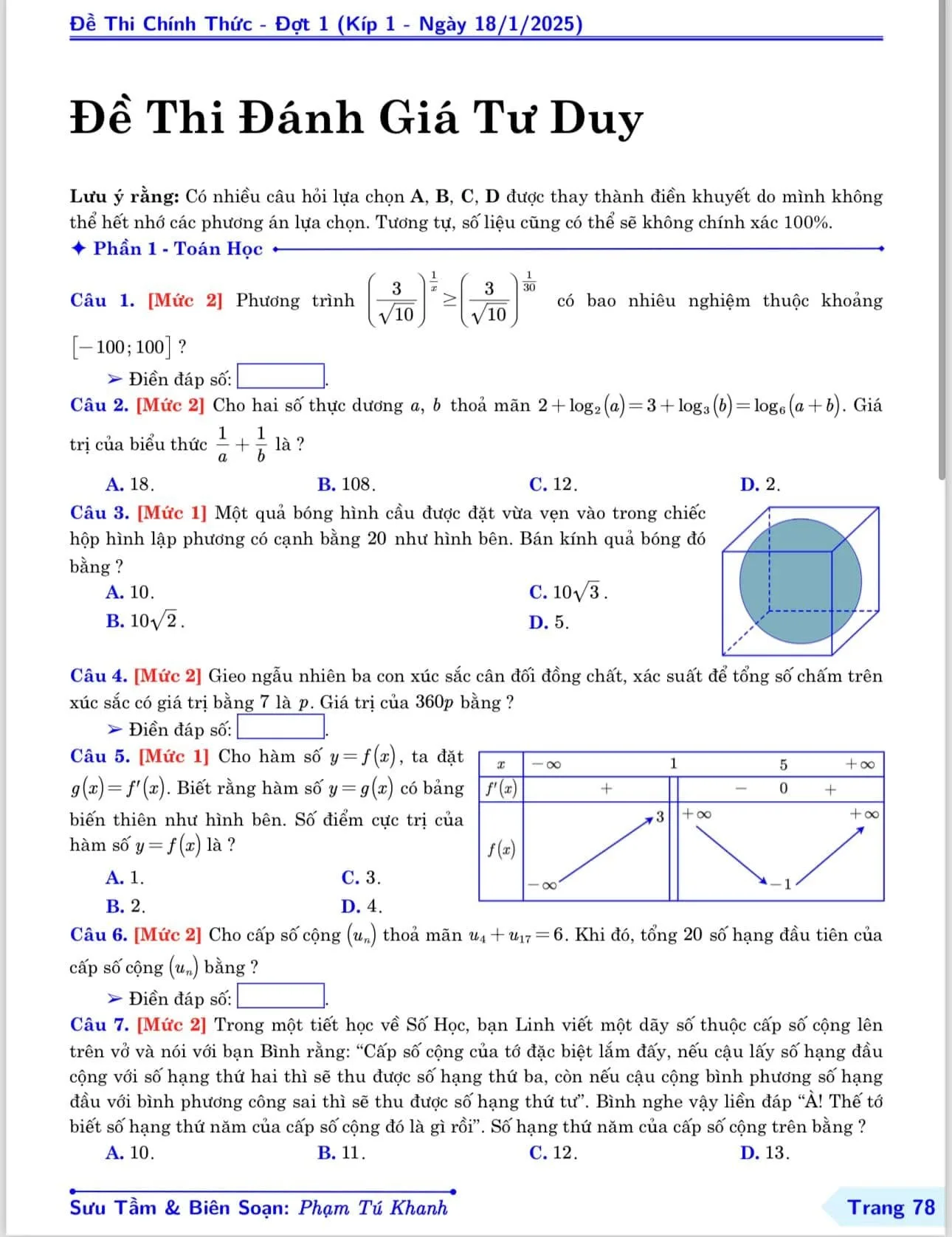ĐỀ đánh giá tư duy TSA đợt 1 phần toán học ngày 18 - 3