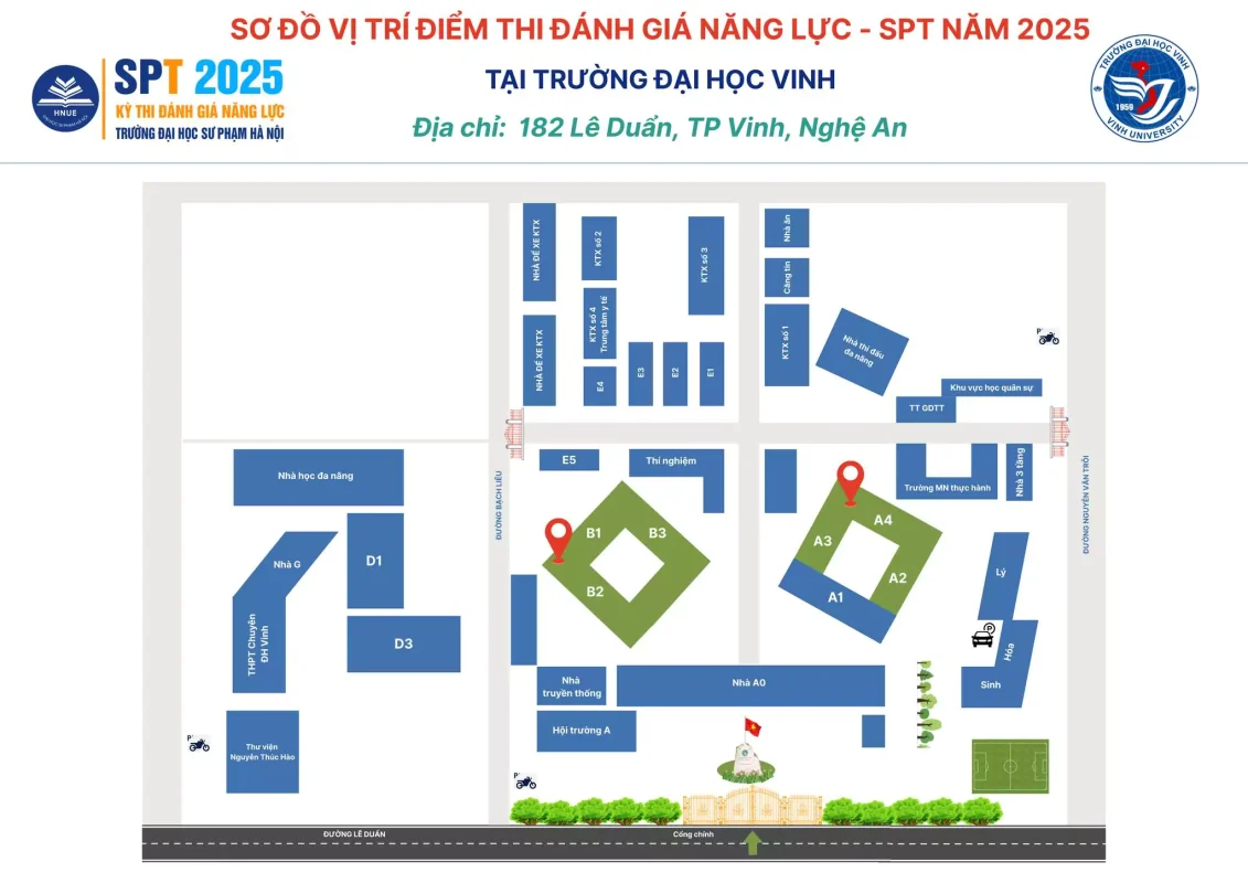 Sơ đồ vị trí điểm thi đánh giá năng lực SPT 2025 - đại học vinh