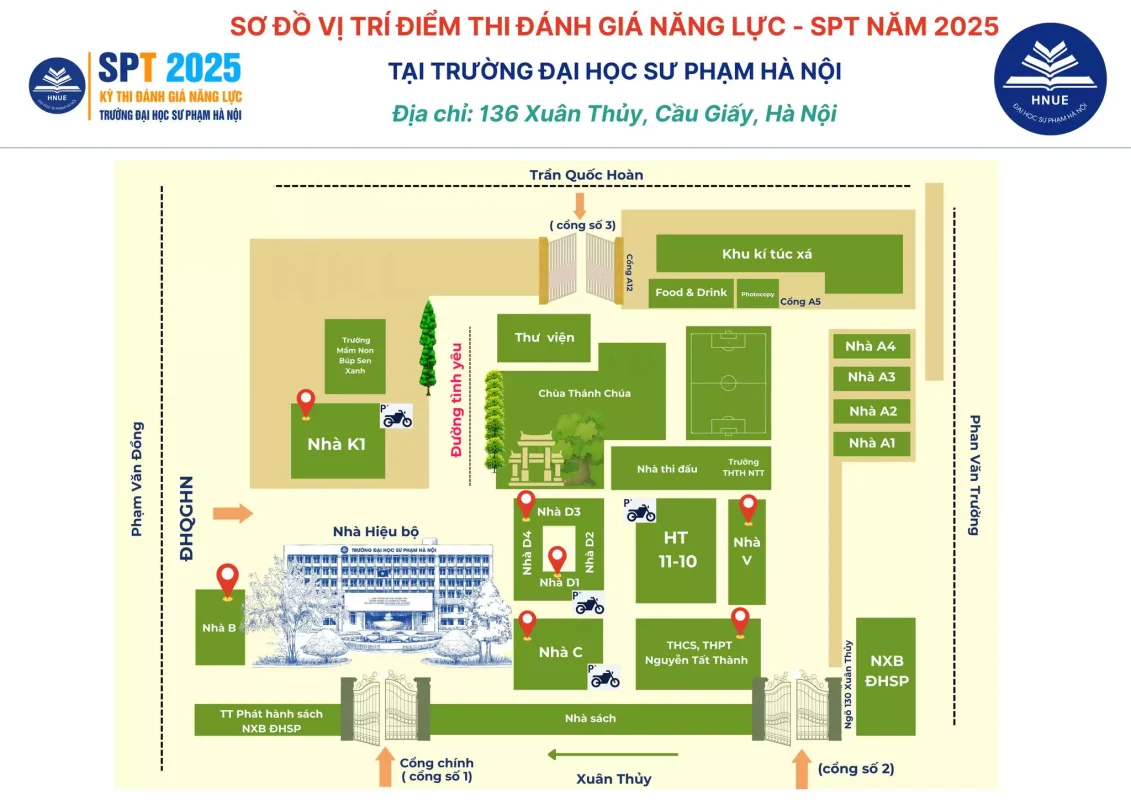 Sơ đồ vị trí điểm thi đánh giá năng lực SPT 2025 - đại học sư phạm