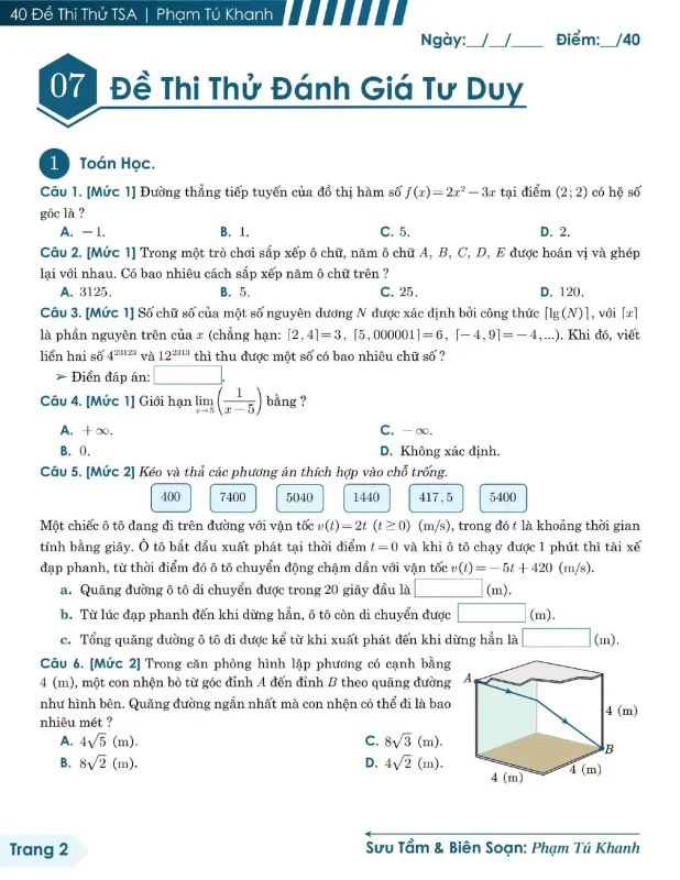 Đề minh họa đánh giá tư duy TSA 2025 Toán học số 30 - Tú Khanh trang 2