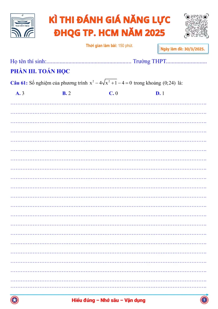 Đề Thi ĐGNL TP HCM 2025 Đợt 1 - phần toán số 1