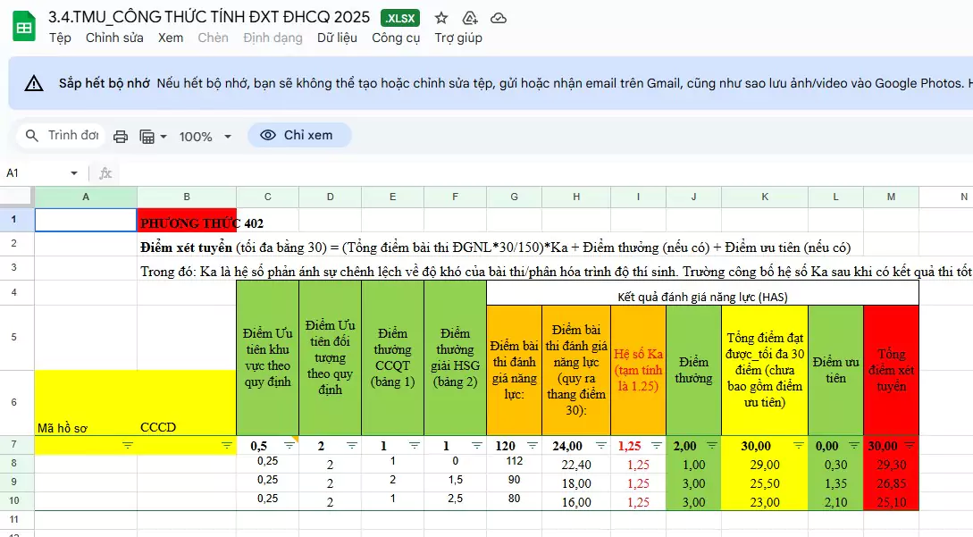 File excel tính điểm xét tuyển ĐH Thương Mại