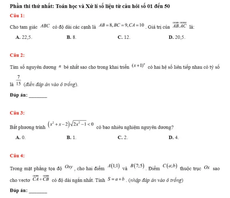 đề thi thử đánh giá năng lực HSA Toán học số 30