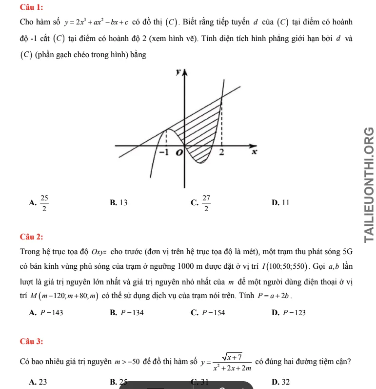 đề thi thử đánh giá năng lực HSA Toán học số 40