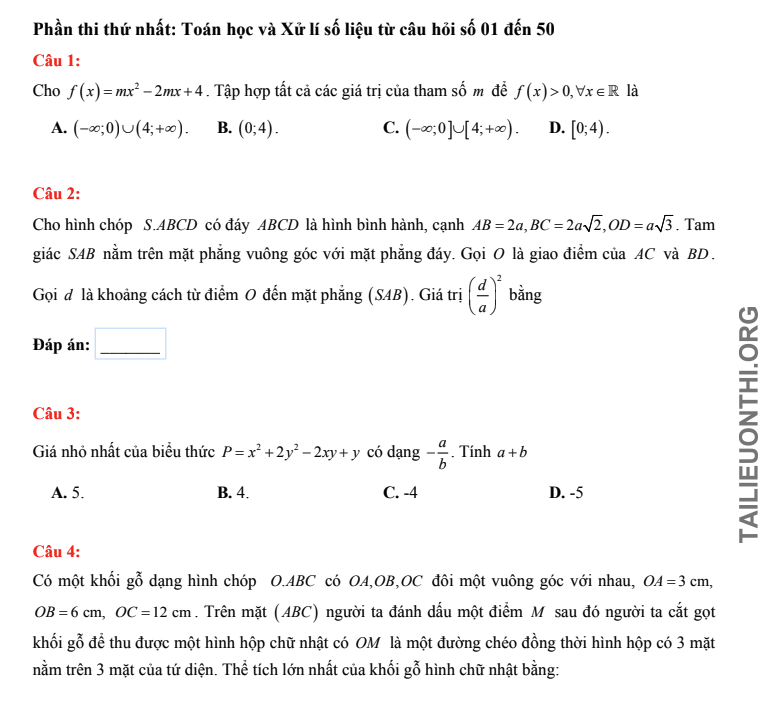Đề đánh giá năng lực HSA Toán học số 43