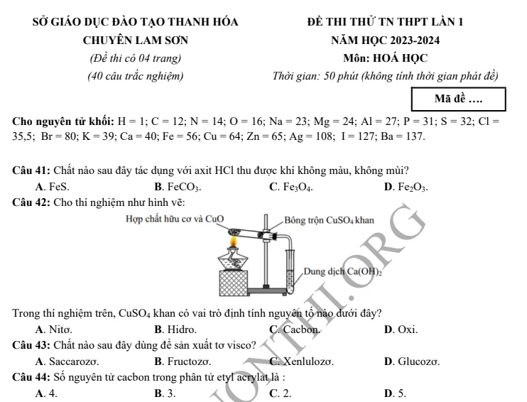 Đề thi thử TN THPT môn Hóa học 2024 - Chuyên Lam Sơn Thanh Hóa