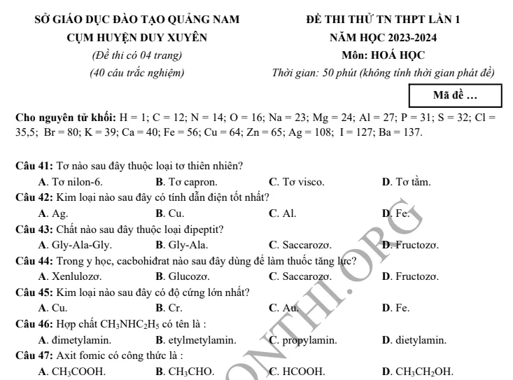 Đề thi thử TN THPT môn Hóa học 2024 - Cụm Duy Xuyên Quảng Nam lần 1