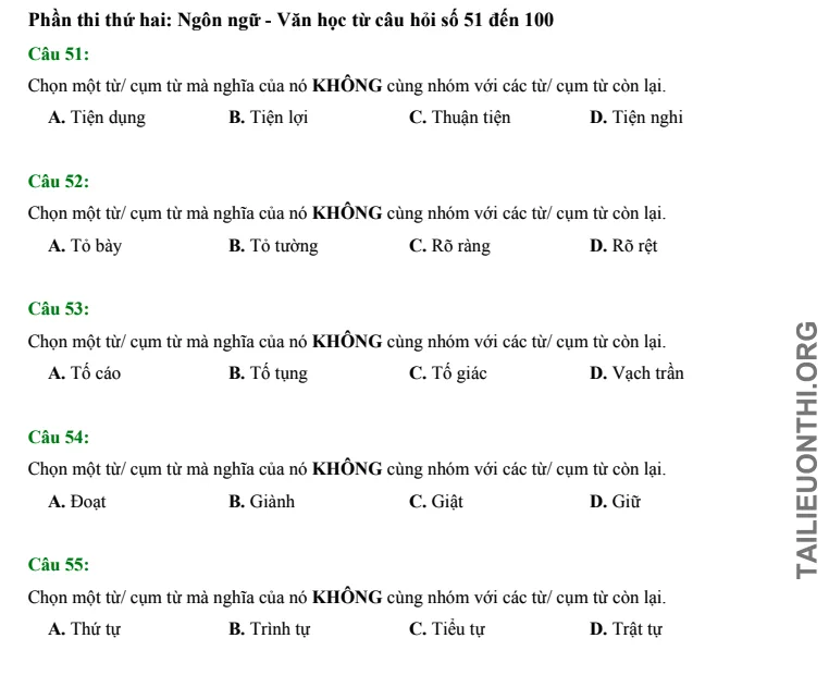 Tải đề thi thử HSA phần Ngôn ngữ & văn học số 29
