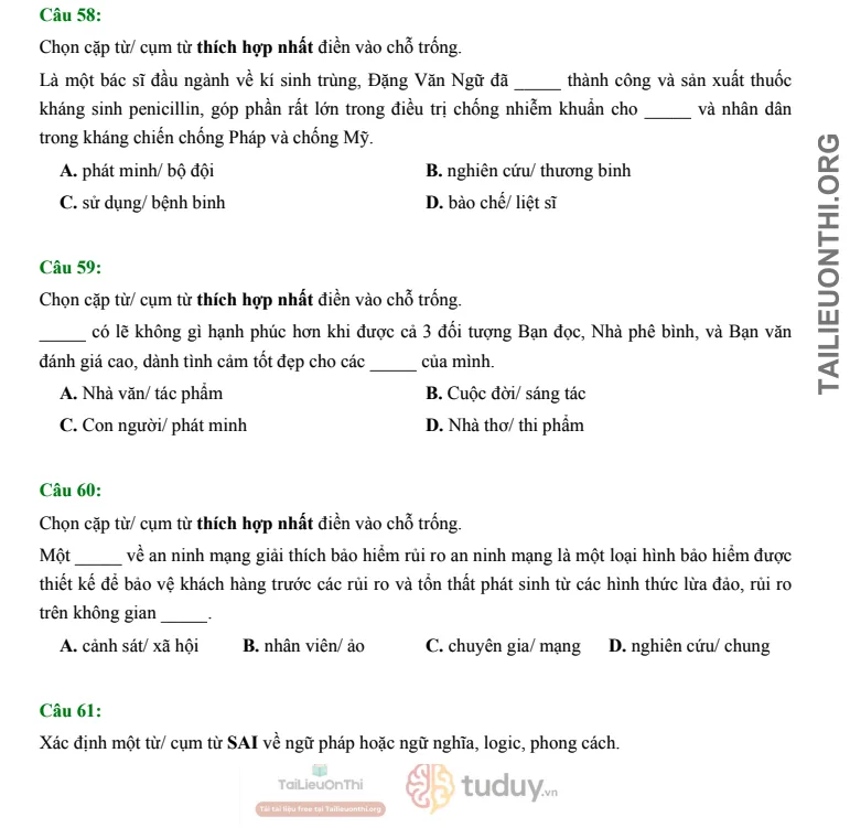 Tải đề thi thử HSA phần Ngôn ngữ & văn học số 30