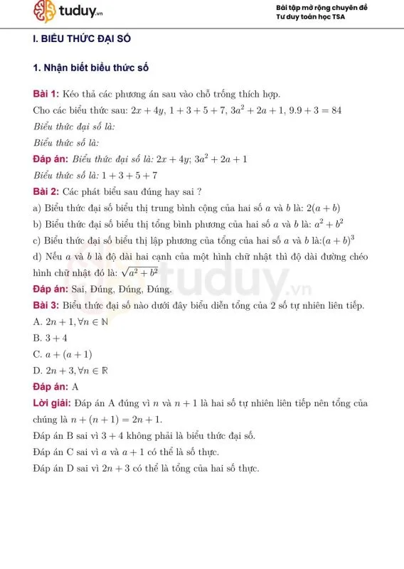 tài liệu mở rộng chuyên đề Biểu thức đại số và căn thức TSA