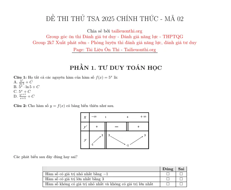 Đề minh họa đánh giá tư duy TSA 2025 chính thức 02 - phần toán