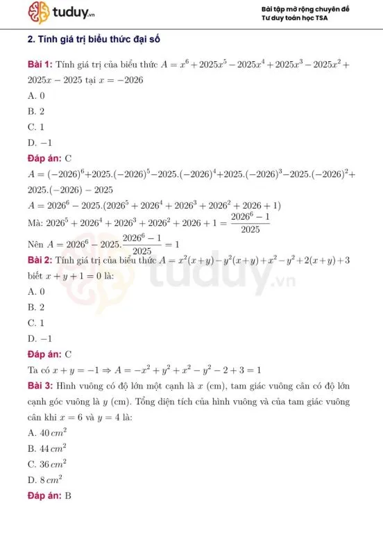 Tải chuyên đề Toán TSA: Biểu thức đại số và căn thức