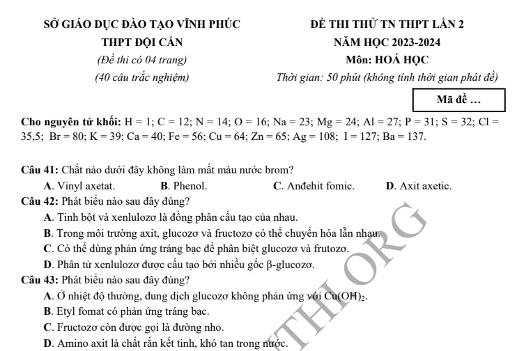 Đề thi thử TN THPT môn Hóa học 2024 - THPT Đội Cấn Vĩnh Phúc