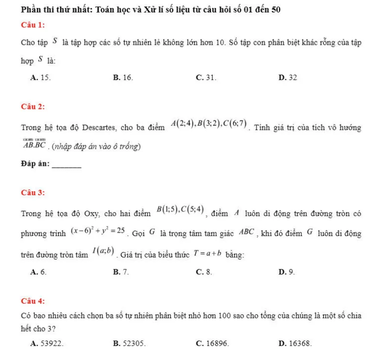 đề thi thử đánh giá năng lực HSA Toán học số 31