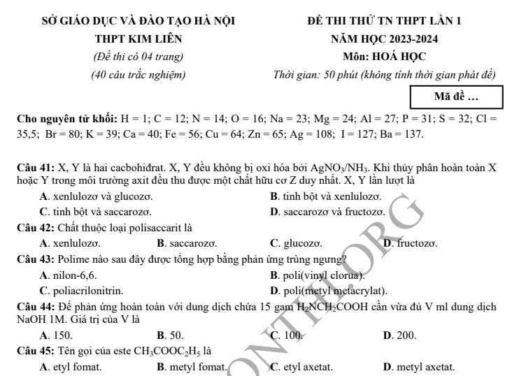 Đề thi thử TN THPT môn Hóa học 2024 - THPT Kim Liên Hà Nội