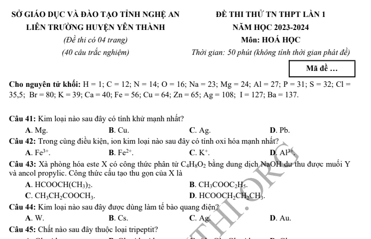 Đề thi thử TN THPT môn Hóa học 2024 - Liên trường Yên Thành Nghệ An