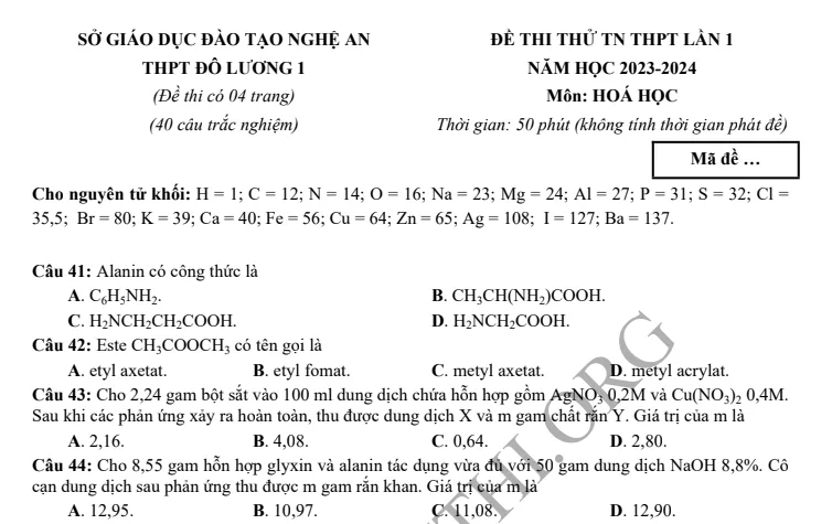 Đề thi thử TN THPT môn Hóa học 2024 - THPT Đô Lương 1 - Nghệ An