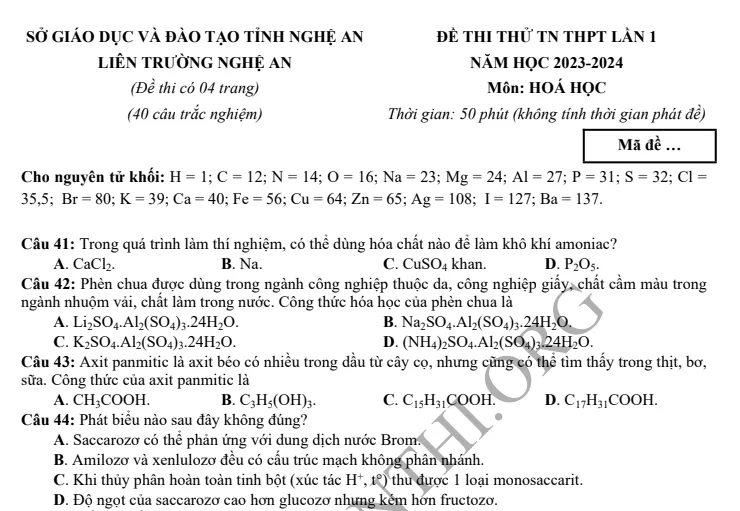 Đề thi thử TN THPT môn Hóa học 2024 - Liên trường Nghệ An lần 1
