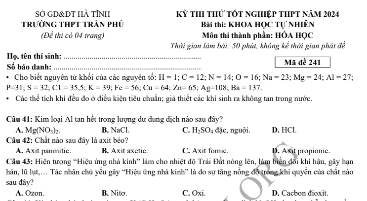Đề thi thử TN THPT môn Hóa học 2024 - THPT Trần Phú Hà Tĩnh