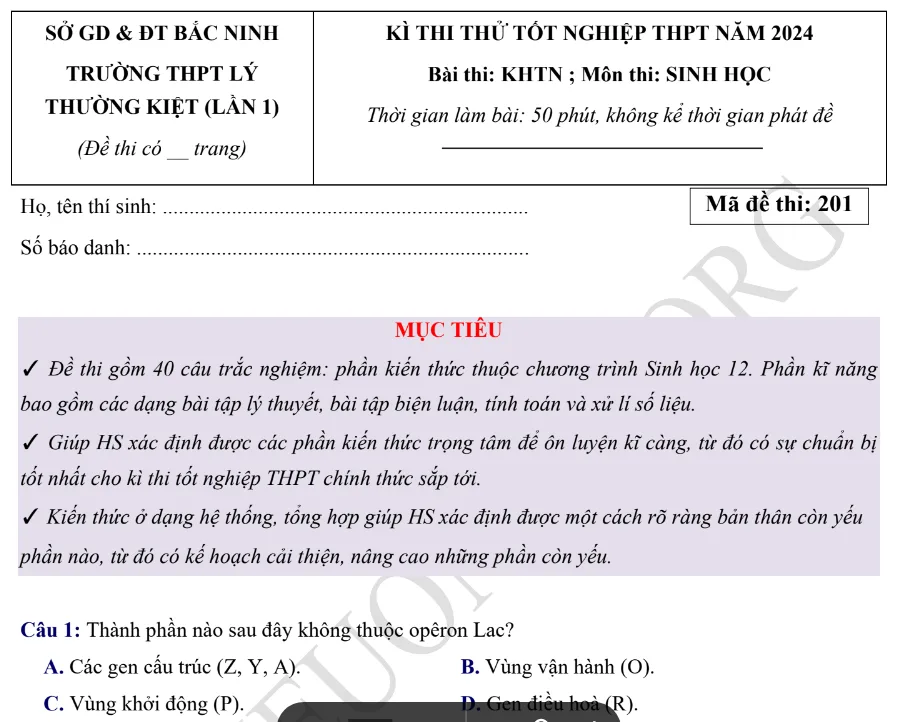 Đề thi thử TN THPT môn Sinh học 2024 - THPT Lý Thường Kiệt - Bắc Ninh