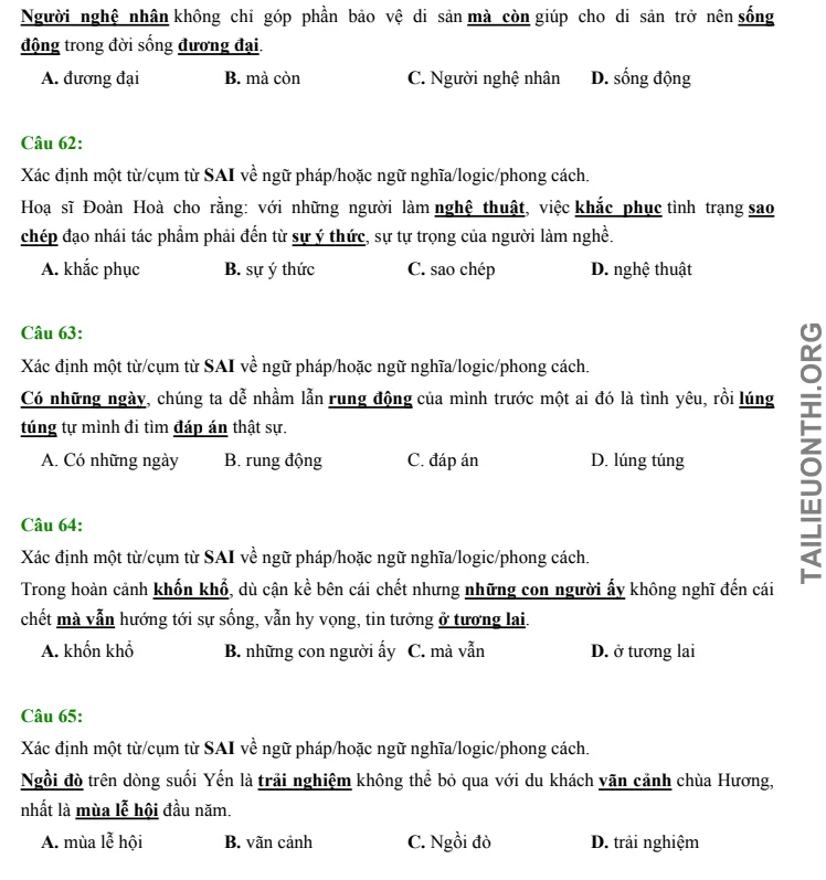 Tải đề thi thử ĐGNL HSA phần Ngôn ngữ & văn học số 39