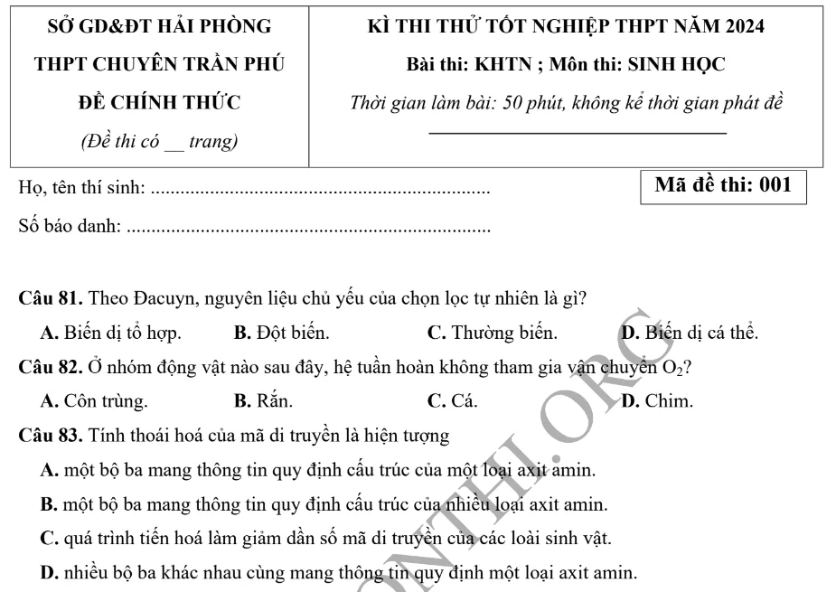 Giới thiệu Đề thi thử TN THPT môn Sinh học 2024 - Chuyên Trần Phú Hải Phòng