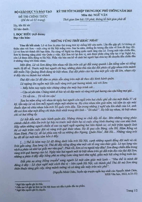 Đề thi tốt nghiệp THPT 2025 môn Ngữ Văn số 1