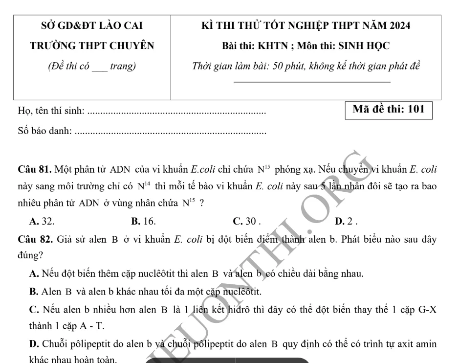 Giới thiệu Đề thi thử TN THPT môn Sinh học 2024 - THPT chuyên Lào Cai