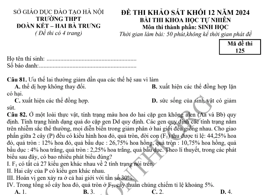 Giới thiệu Đề thi thử TN THPT môn Sinh học 2024 - THPT Đoàn Kết Hà Nội