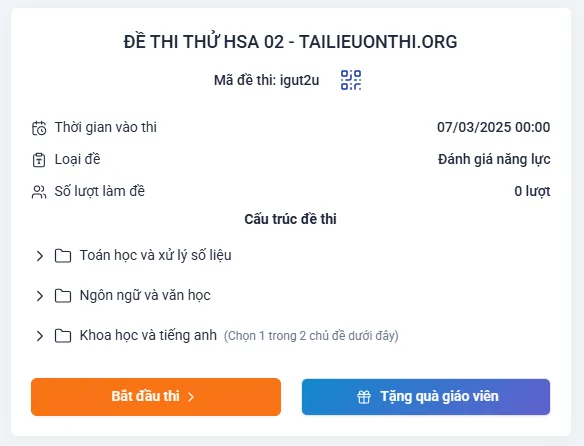 [Phòng luyện đề] - Đề thi thử đánh giá năng lực HSA số 2