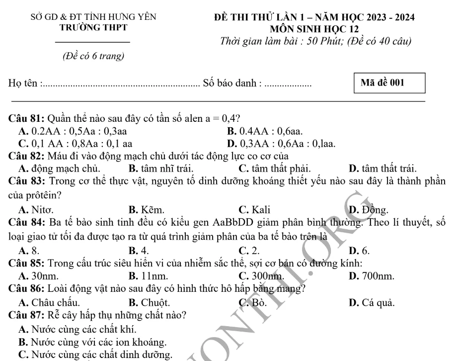 Giới thiệu Đề thi thử TN THPT môn Sinh học 2024 - Sở Hưng Yên