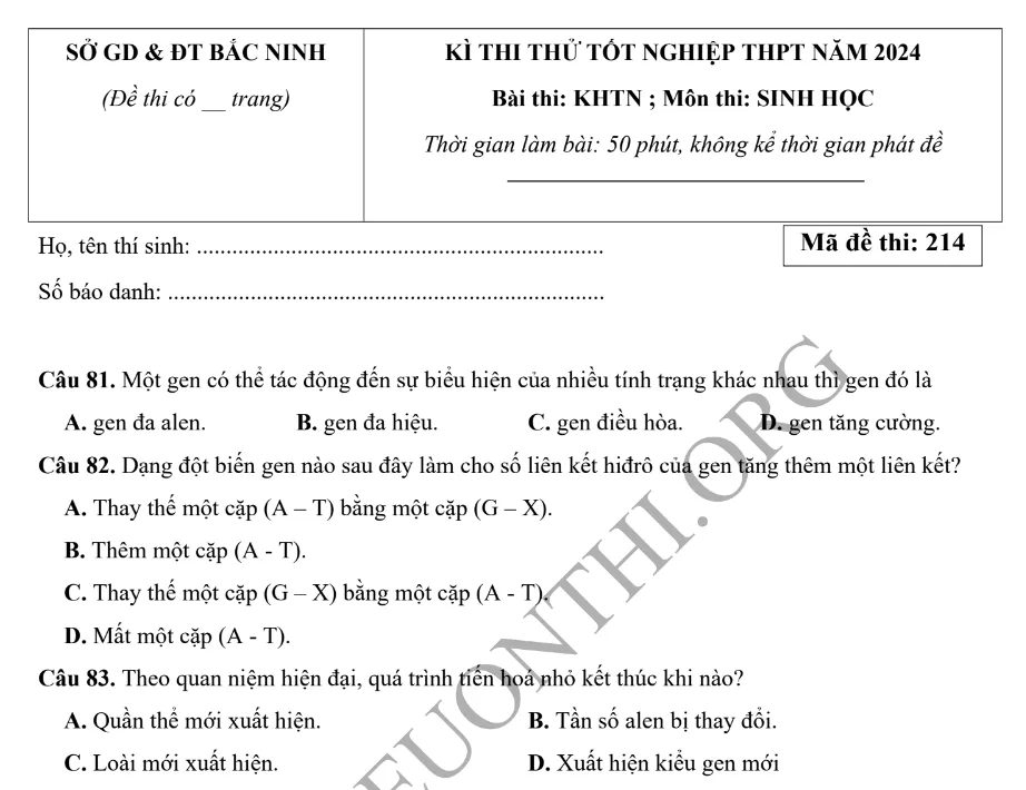 Giới thiệu Đề thi thử TN THPT môn Sinh học 2024 - Sở Bắc Ninh