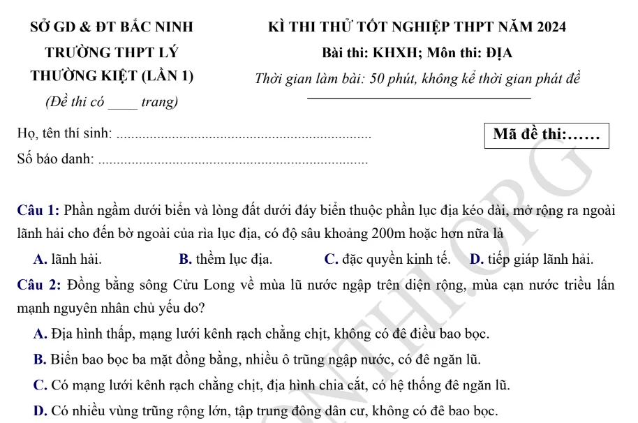 Giới thiệu Đề thi thử TN THPT môn Địa lý 2024 - THPT Lý Thường Kiệt Bắc Ninh