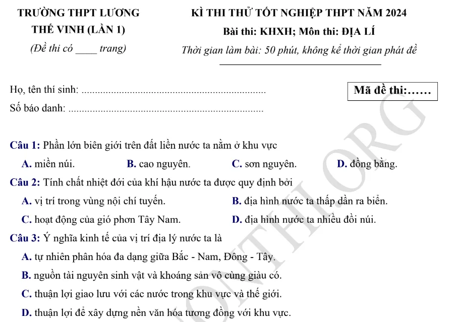 Giới thiệu Đề thi thử TN THPT môn Địa lý 2024 - THPT Lương Thế Vinh