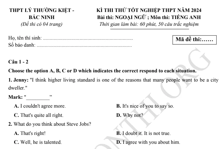 Giới thiệu Đề thi thử TN THPT môn Tiếng Anh 2024 - THPT Lý Thường Kiệt Bắc Ninh