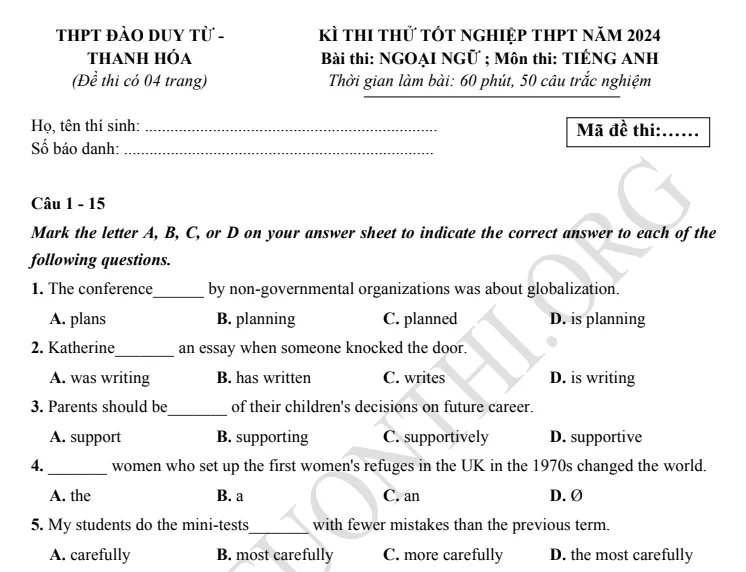 Giới thiệu Đề thi thử TN THPT môn Tiếng Anh 2024 - THPT Đào Duy Từ - Thanh Hóa