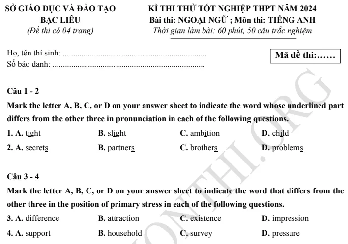 Giới thiệu Đề thi thử TN THPT môn Tiếng Anh 2024 - Sở Bạc Liêu