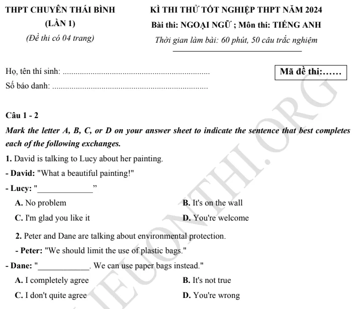 Giới thiệu Đề thi thử TN THPT môn Tiếng Anh 2024 - THPT Chuyên Thái Bình