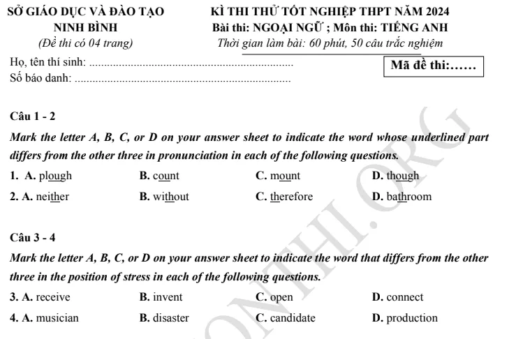 Giới thiệu Đề thi thử TN THPT môn Tiếng Anh 2024 - Sở Ninh Bình