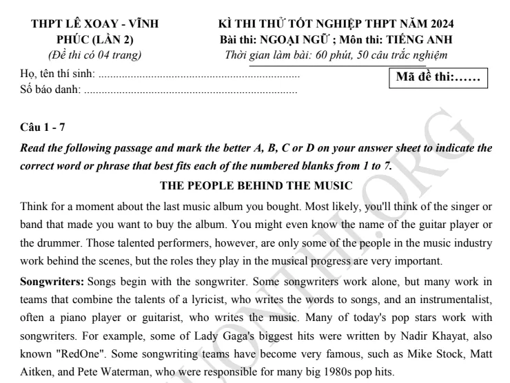 Giới thiệu Đề thi thử TN THPT môn Tiếng Anh 2024 - THPT Lê Xoay - Vĩnh Phúc lần 2