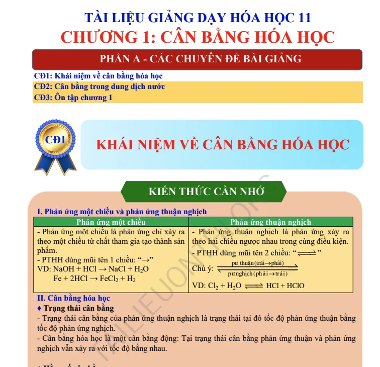 Tài liệu Hóa học 11 - Chương 1 Cân bằng hóa học