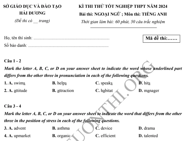 Giới thiệu Đề thi thử TN THPT môn Tiếng Anh 2024 - Sở Hải Dương
