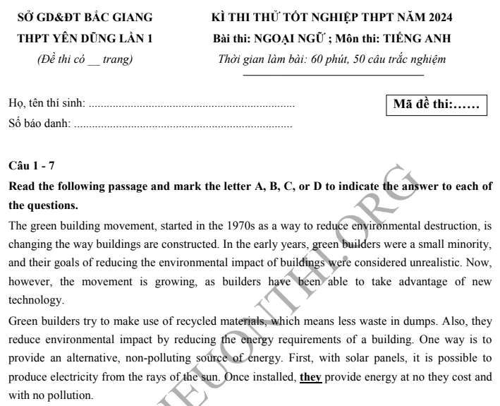 Giới thiệu Đề thi thử TN THPT môn Tiếng Anh 2024 - THPT Yên Dũng - Bắc Giang
