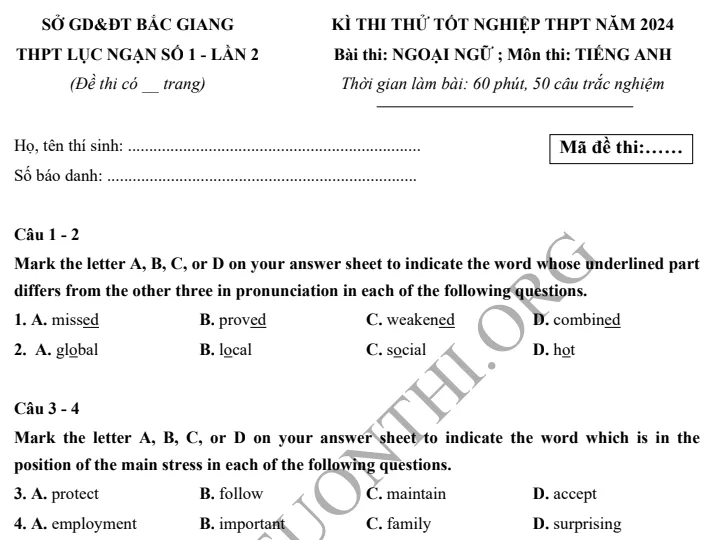 Giới thiệu Đề thi thử TN THPT môn Tiếng Anh 2024 - THPT Lục Ngạn 1 - Bắc Giang lần 2
