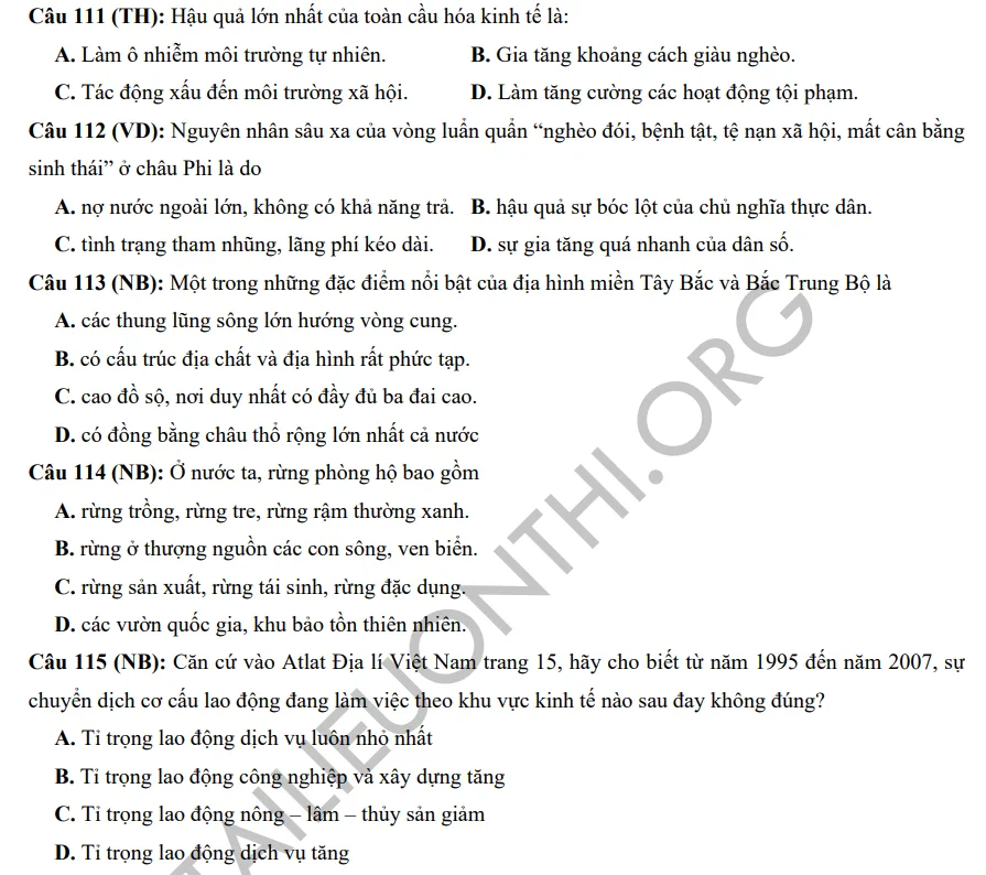 nội dung 150 câu hỏi Địa lý - ôn thi đánh giá năng lực  ĐHQG Hà Nội