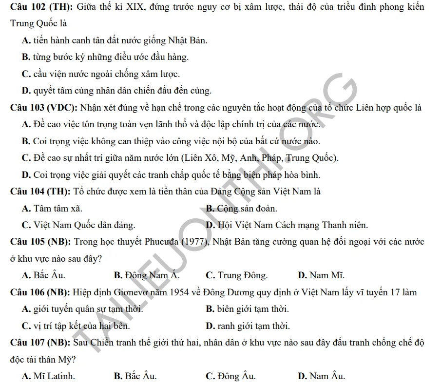 nội dung 150 câu hỏi Lịch sử - ôn thi đánh giá năng lực ĐHQG Hà Nội