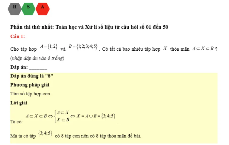 Đề thi thử đánh giá năng lực HSA Toán học số 29