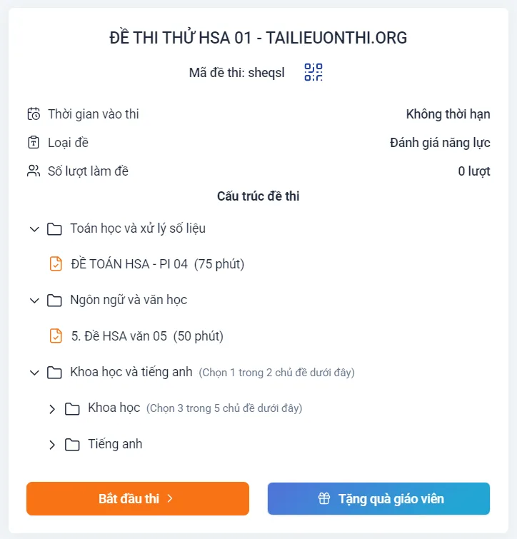 [Phòng luyện đề] - Đề thi thử đánh giá năng lực HSA số 1
