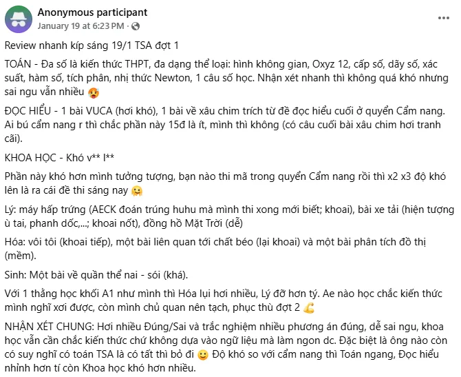 1. Review tổng quan bài thi đánh giá tư duy TSA đợt 1