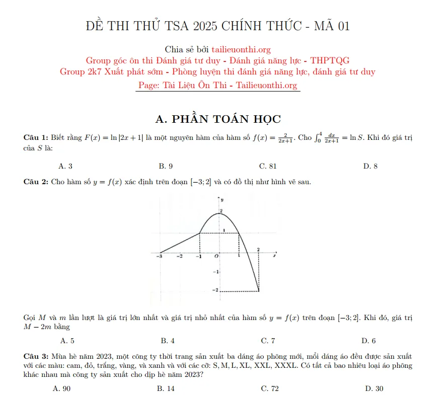 Đề minh họa đánh giá tư duy TSA 2025 chính thức (mã đề 01 sách cẩm nang) 